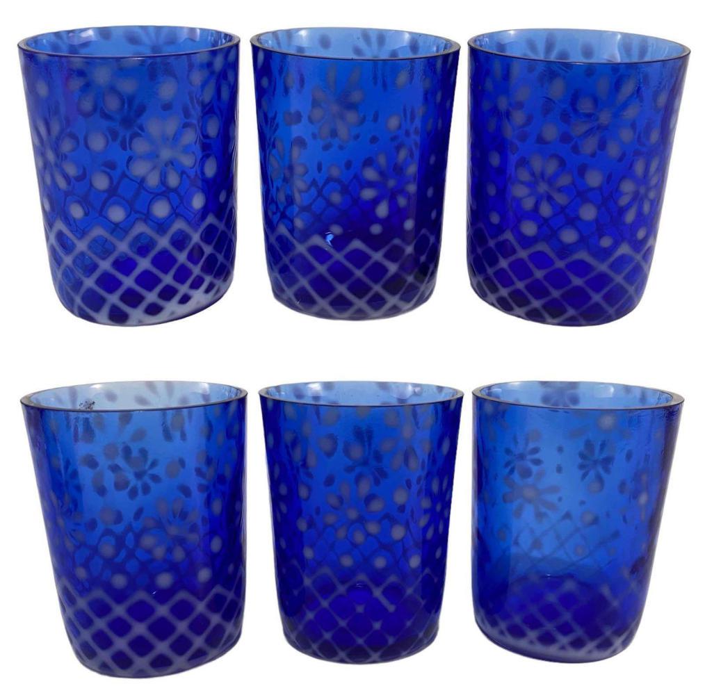 6 Fenton Cobalt Blue Art Glass Tumblers, Snowflake Pattern. (1 of 14)