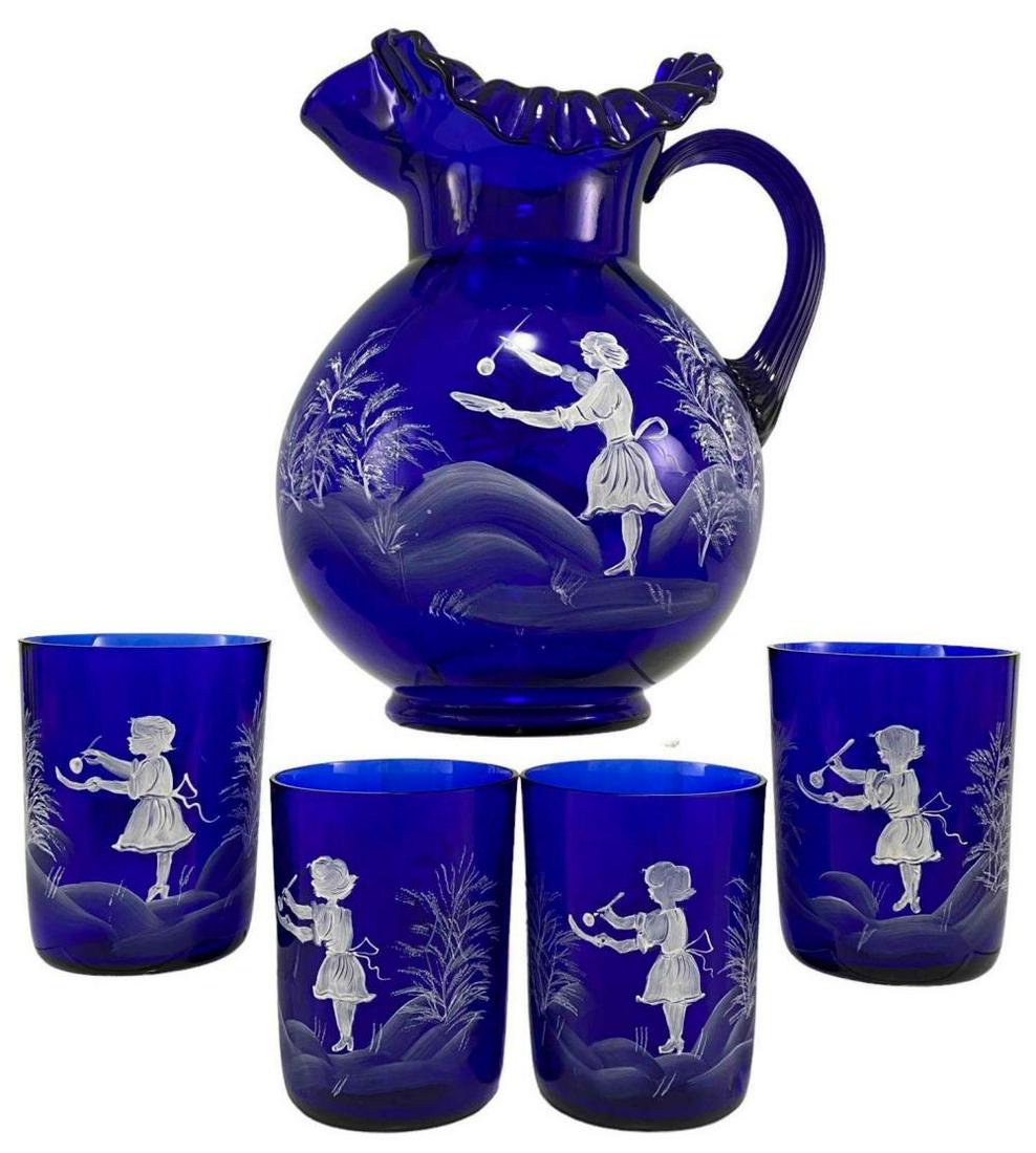 Fenton Art Glass Mary Gregory Hand Painted Cobalt Blue Pitcher And Tumblers (1 of 18)