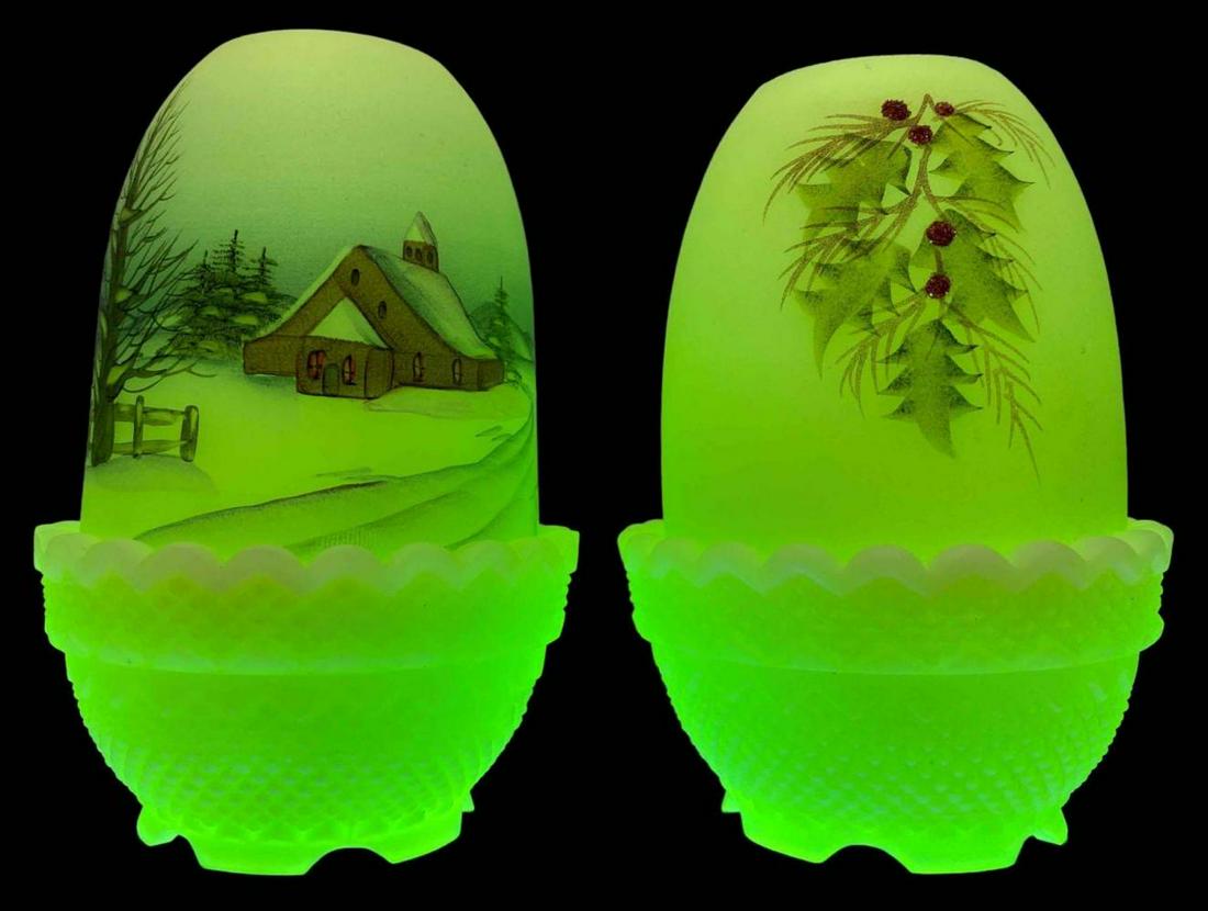 2 Hand Painted Fenton Uranium Glass Fairy Lamps (1 of 14)