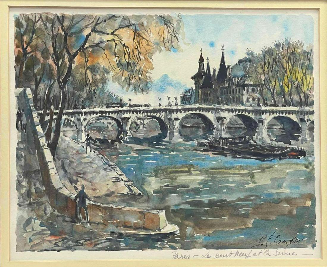 Pierre Eugene Cambier, Paris River Bridge, Watercolor on Paper (1 of 11)