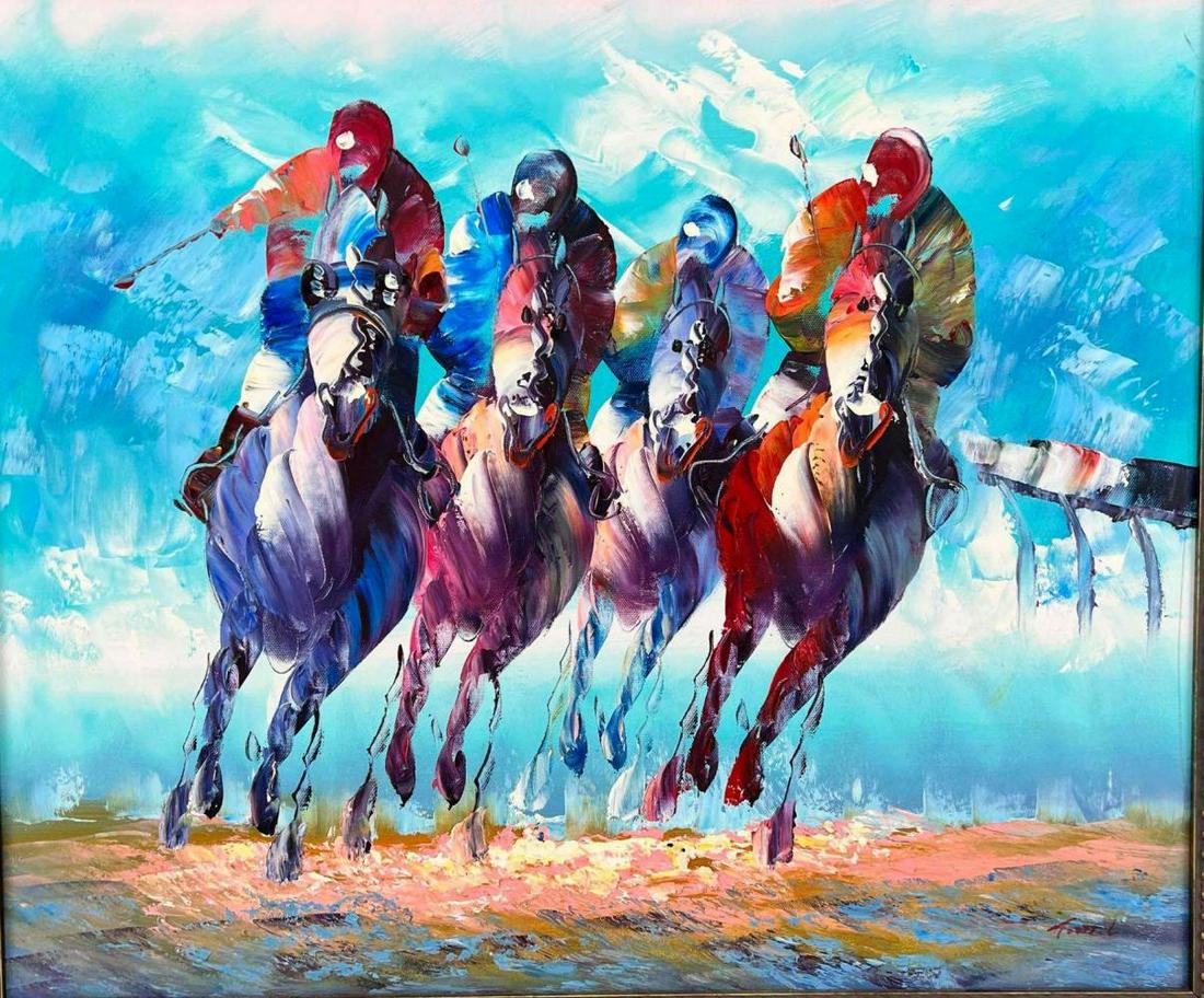 Oil On Canvas Jockey Painting, After Leroy Neiman: Oil On Canvas Jockey Painting, After Leroy Nieman, Signed Tom. L. Approximately 28.5L x 24.5W in. Sight Approximately 23.5L x 19.5W in.