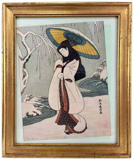 Suzuki Harunobo, Maiden in Snow, Japanese Ukiyo-e Woodblock Print: Suzuki Harunobu Heron Maiden With Snow Umbrella Print. Attached Tag Reads Suzuki Harunobu 1725-1770 Heron Maiden W/ Snow Umbrella. Approximately 12.375L x 10.25W in. Sight Approximately 9.375L x 7.25W