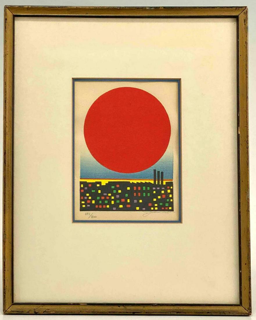Tetsuo Yamada, Red Sun Rising Over a Cityscape, Japanese Ukiyo-e Woodblock Print on Paper: Tetsuo Yamada, Red Sun Rising Over a Cityscape, Japanese Ukiyo-e Woodblock Print on Paper. Excellent Japanese Modernist Woodblock of an Urban Landscape. Signed T. Yamada 691/800. Attached Tag Reads Ka