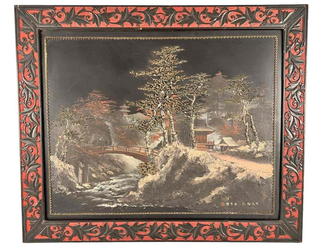 Japanese Lacquer Painting in Black and Red Lacquer Frame (1 of 10)