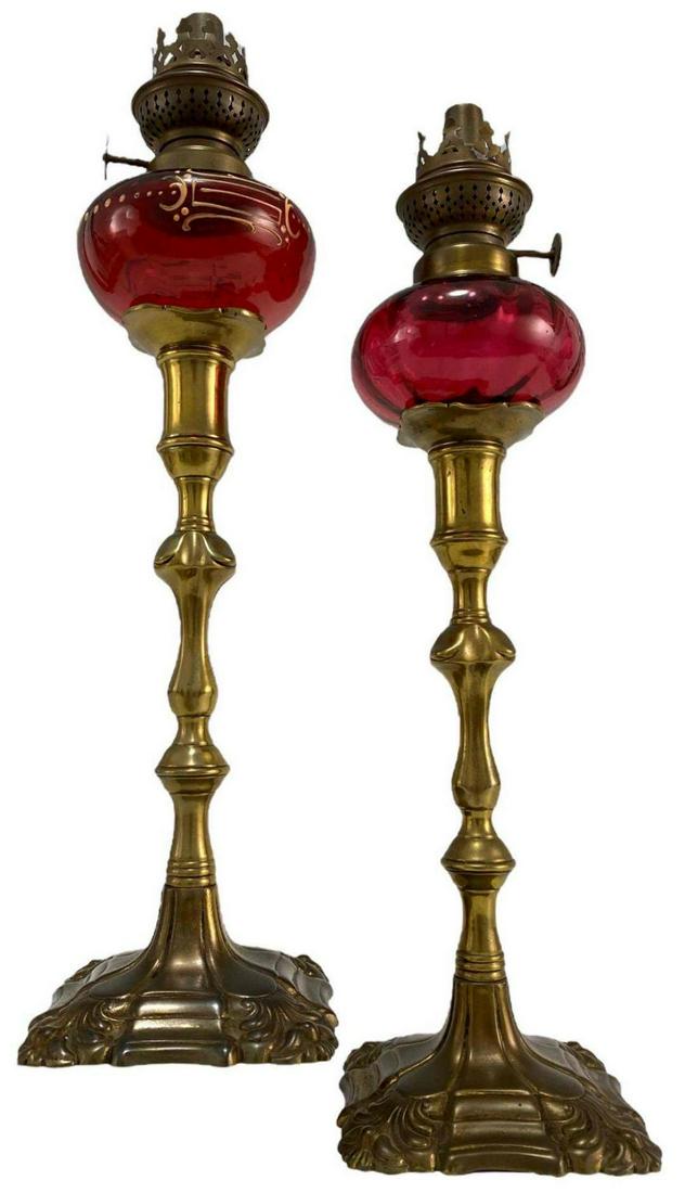 Pair 19th Century Brass And Cranberry Glass Peg Lamps (1 of 19)