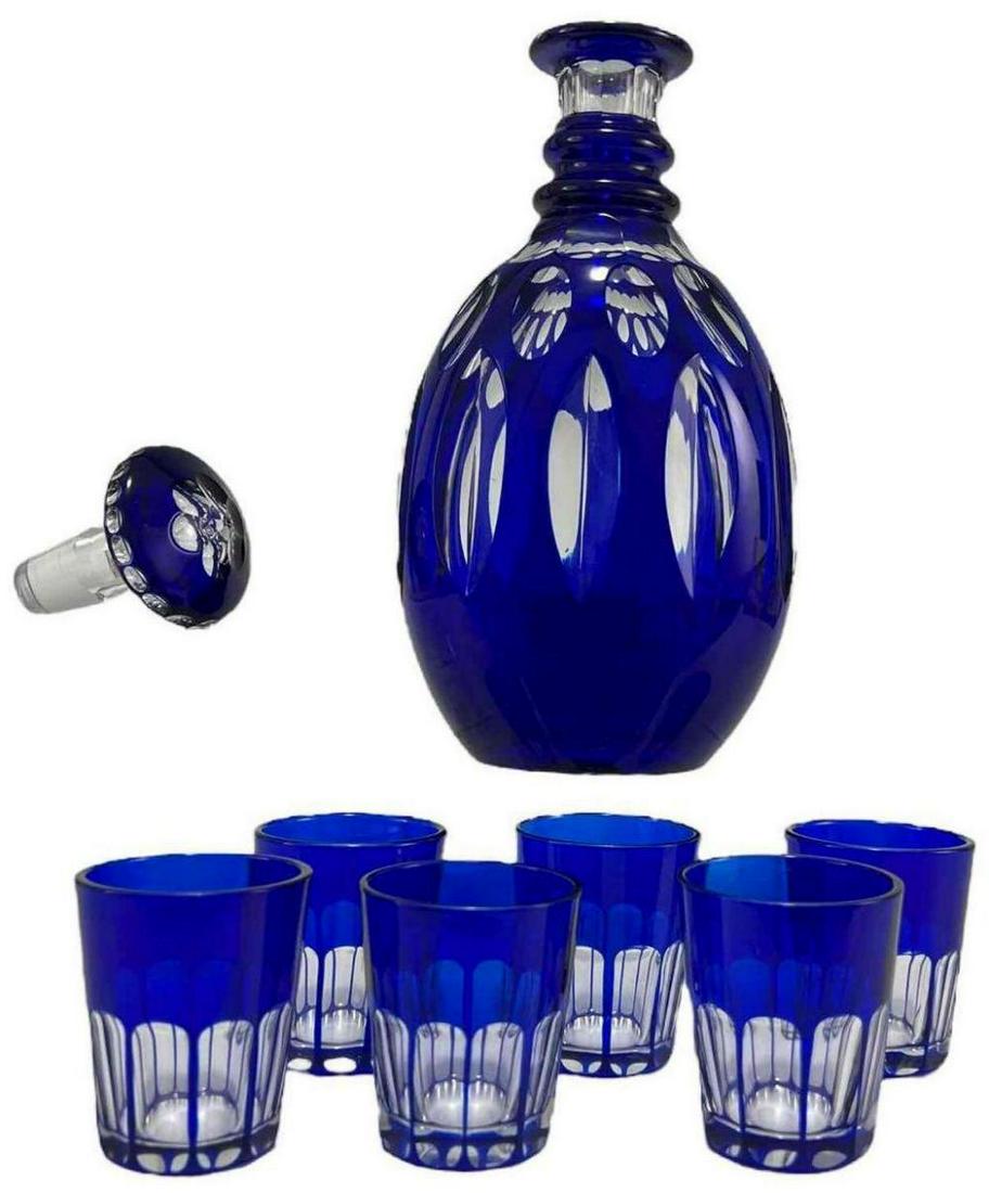 Antique Cobalt Blue Cut To Clear Glass Decanter And Glasses (1 of 13)