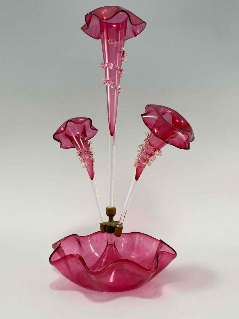 Antique Pink Venetian Glass Epergne: Antique Pink Venetian Glass Epergne. Unmarked. Approximately 19.25H x 12.75W x 9.5D in. Glass Approximately 7.875H x 4.375D in.