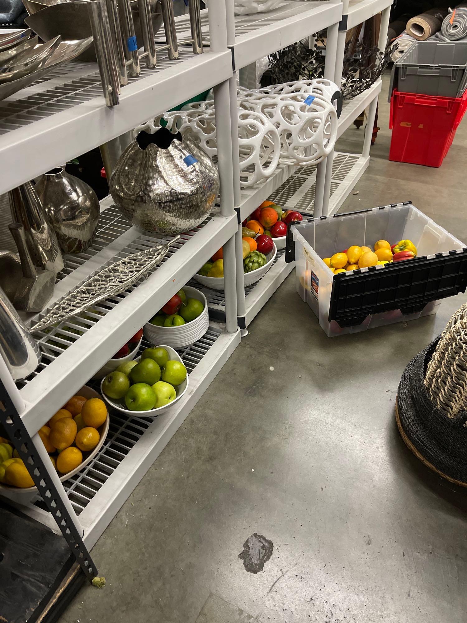 Three bottom shelves of faux fruit and ceramic bowls (1 of 9)
