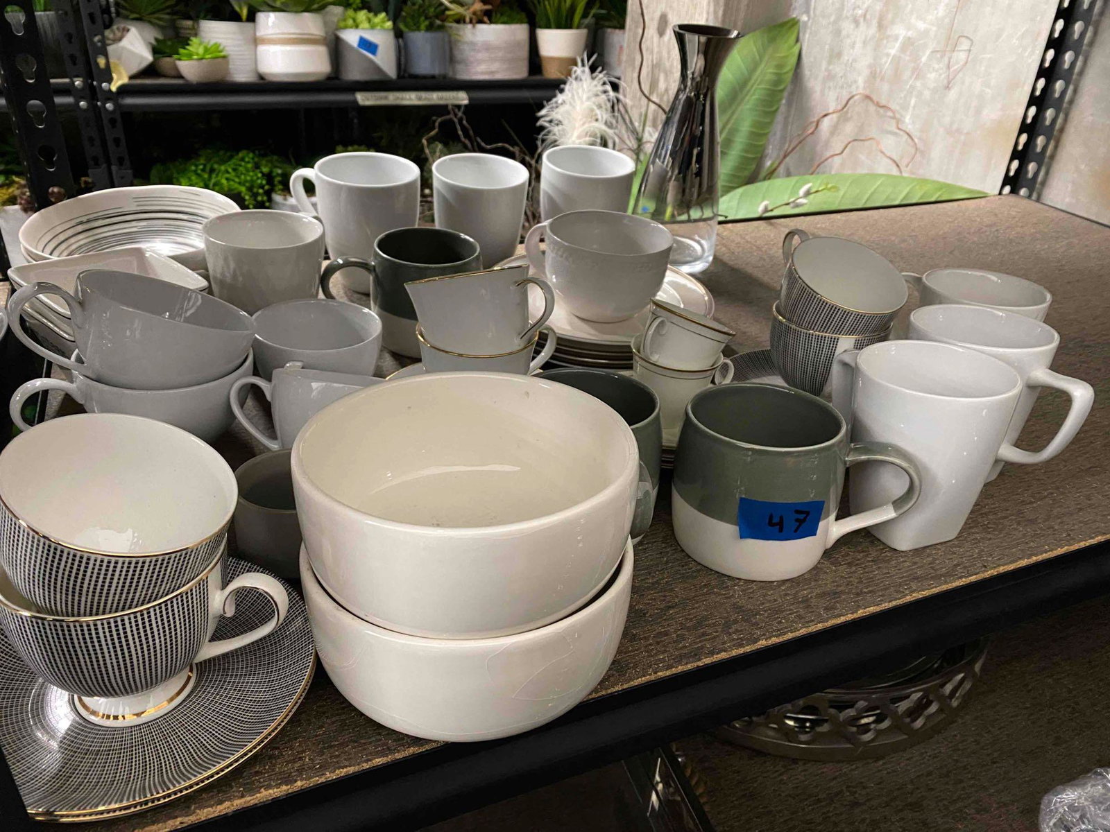 Two shelves plates, cups, saucers, including ironstone: Two shelves plates, cups, saucers, including ironstone NO SHIPPING AVAILABLE This will be a two (2) day sale Wed & Thur. Jan. 18th & 19th.. Online only.All items sold as is where is. There are No guar