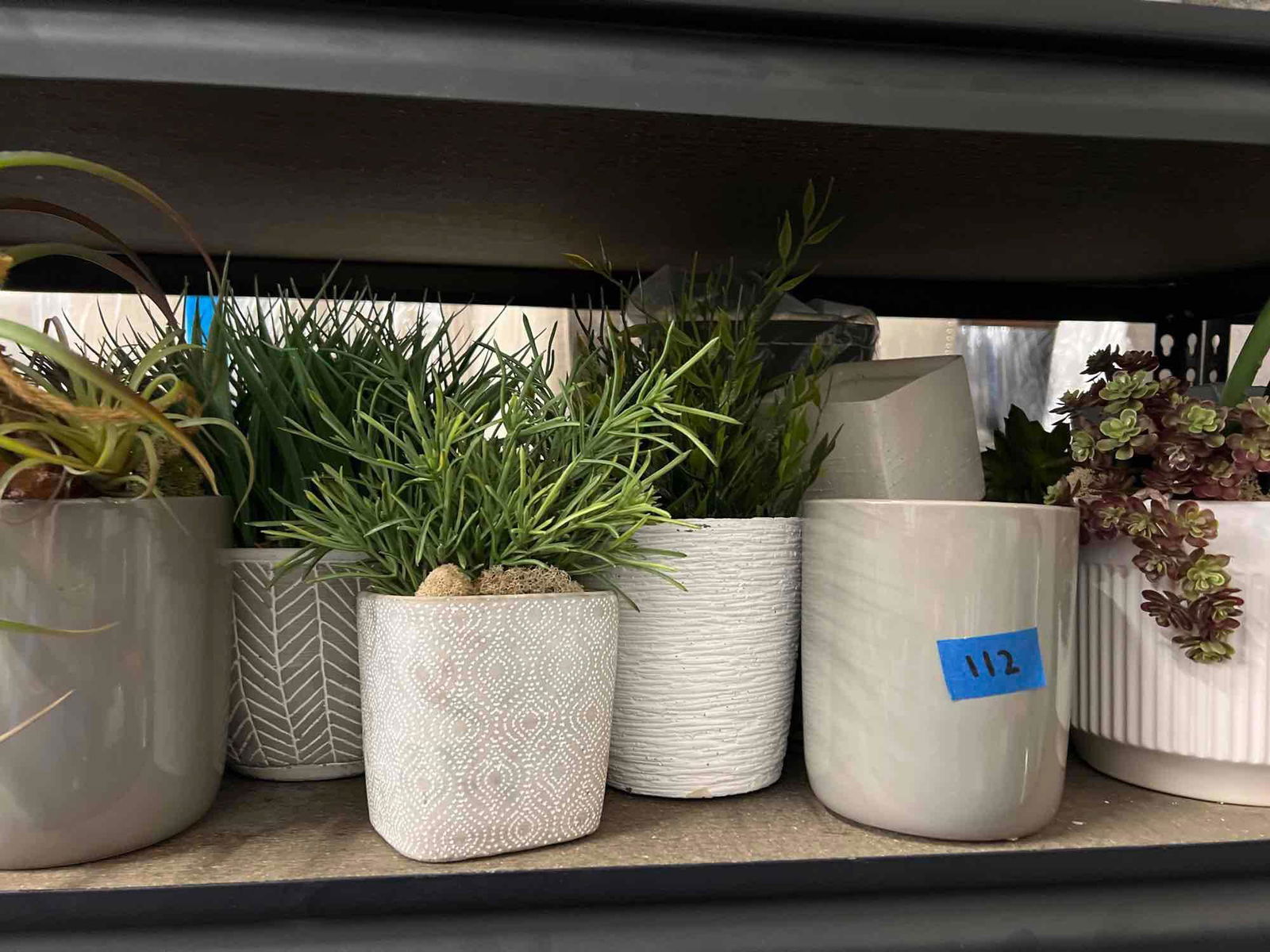 Shelf faux plants & planters, mostly ceramic (1 of 5)