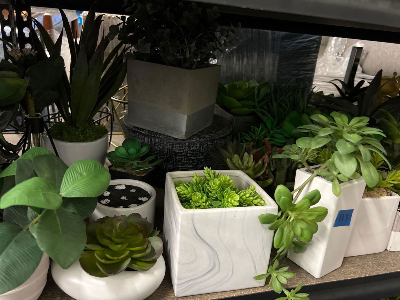 Shelf faux plants, planters, mostly ceramic (1 of 4)