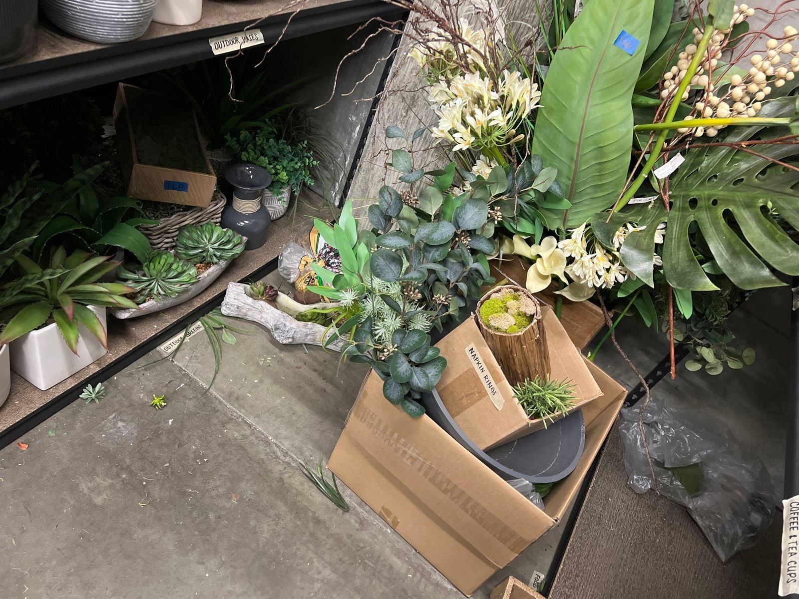 Bottom shelf planters, large lot faux greenery (1 of 5)