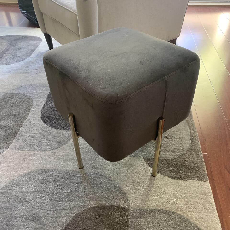 Gray, square, gold legs, velvet, pouf.: Gray, square, gold legs, velvet, pouf. 16.5x16.5x17.5 NO SHIPPING AVAILABLE This will be a two (2) day sale Wed & Thur. Jan. 18th & 19th.. Online only.All items sold as is where is. There are No guara