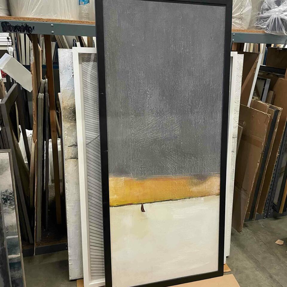 Gray, White and Yellow Abstract Art with Black Frame, red feather (1 of 2)