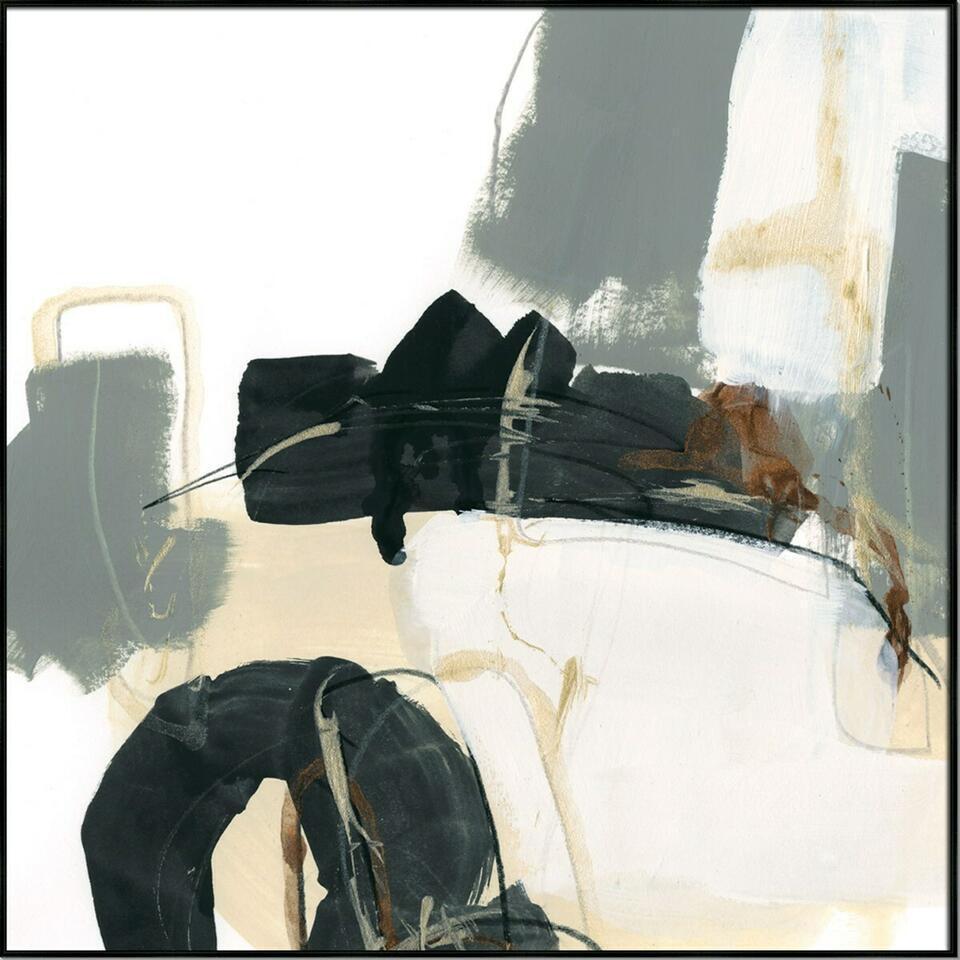 Abstract art framed canvas, black, grey, white, yellow, beige (1 of 2)