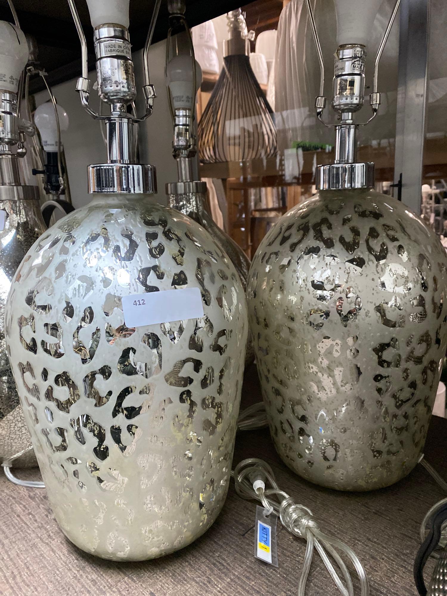 Table Lamps silver: Table Lamps, Kitty 1, Kitty 2. Base Dimension: 28"x7" Shade Dimension: 12"x16" NO SHIPPING AVAILABLE This will be a two (2) day sale Wed & Thur. Jan. 18th & 19th.. Online only.All items sold as is whe