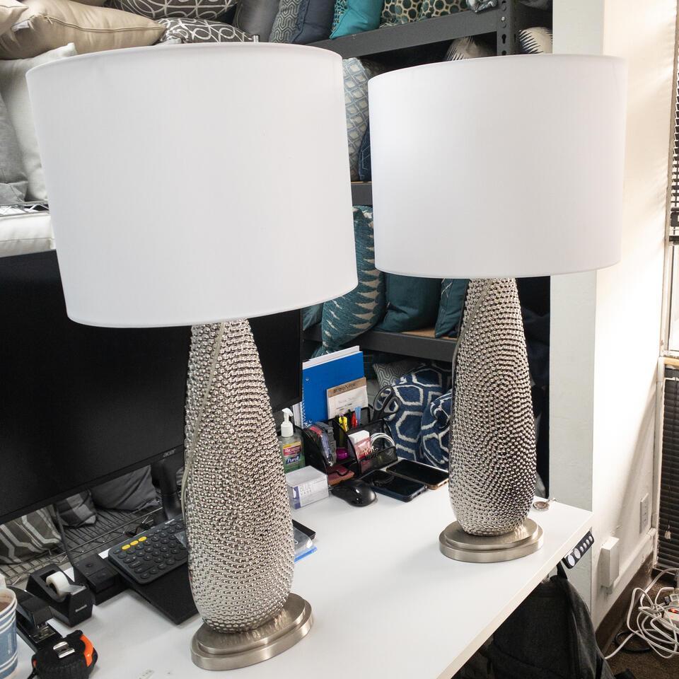 Table Lamps: Table Lamps, Mel 1, Mel 2. Base Dimension: 35"x8" Shade Dimension: 12"x16" NO SHIPPING AVAILABLE This will be a two (2) day sale Wed & Thur. Jan. 18th & 19th.. Online only.All items sold as is where i