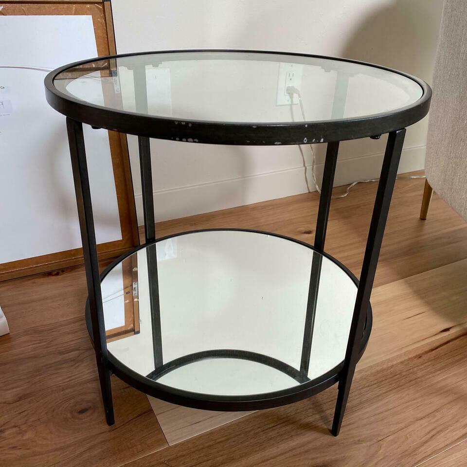 Pair Of Black Side Tables, Mirrors, Glass.: Black side table, mirrors, glass. 20x20x20 NO SHIPPING AVAILABLE This will be a two (2) day sale Thursday & Friday Jan 19th & 20th. Online only.All items sold as is where is. There are No guarantees t