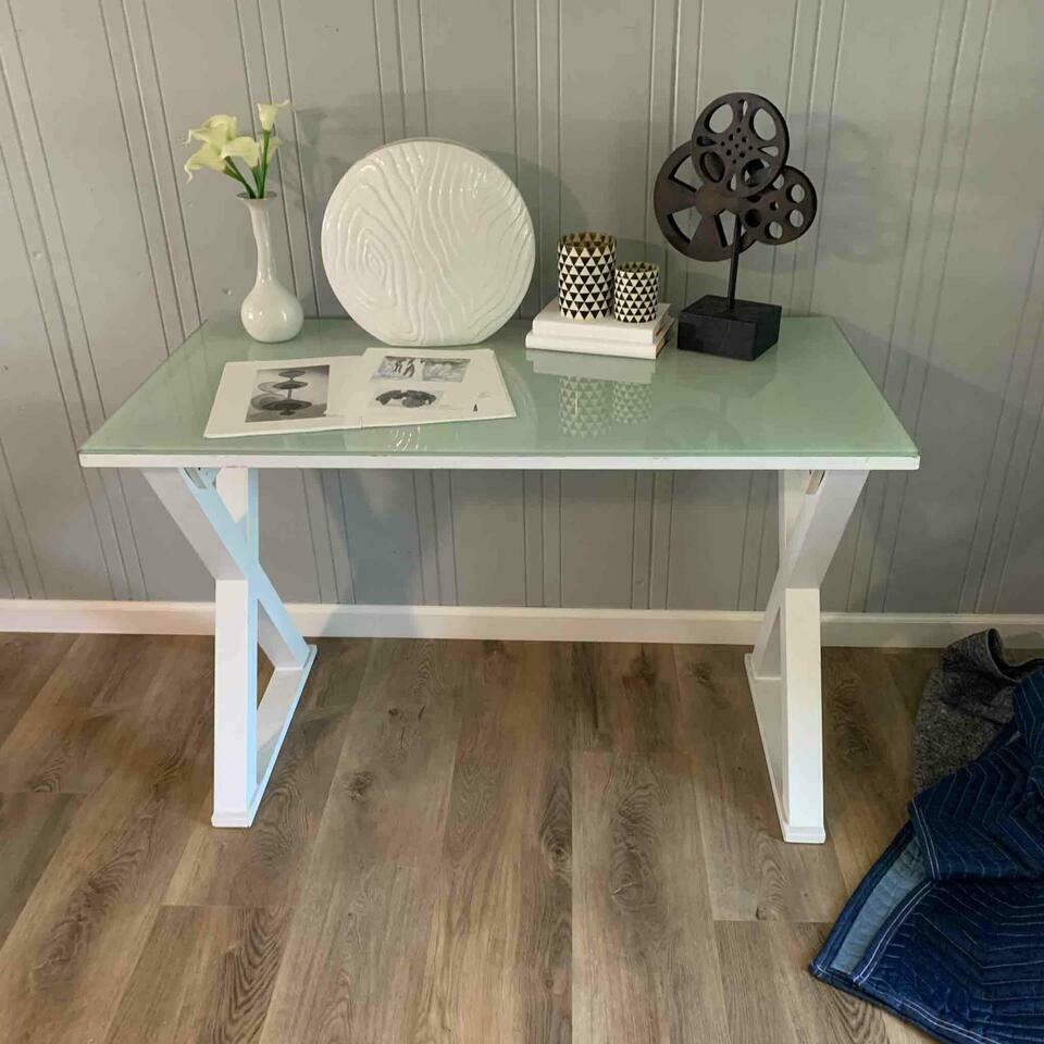 Desk: Desk Keywords: white desk, glass top 47x24x30 NO SHIPPING AVAILABLE This will be a two (2) day sale Thursday & Friday Jan 19th & 20th. Online only.All items sold as is where is. There are No guarantee