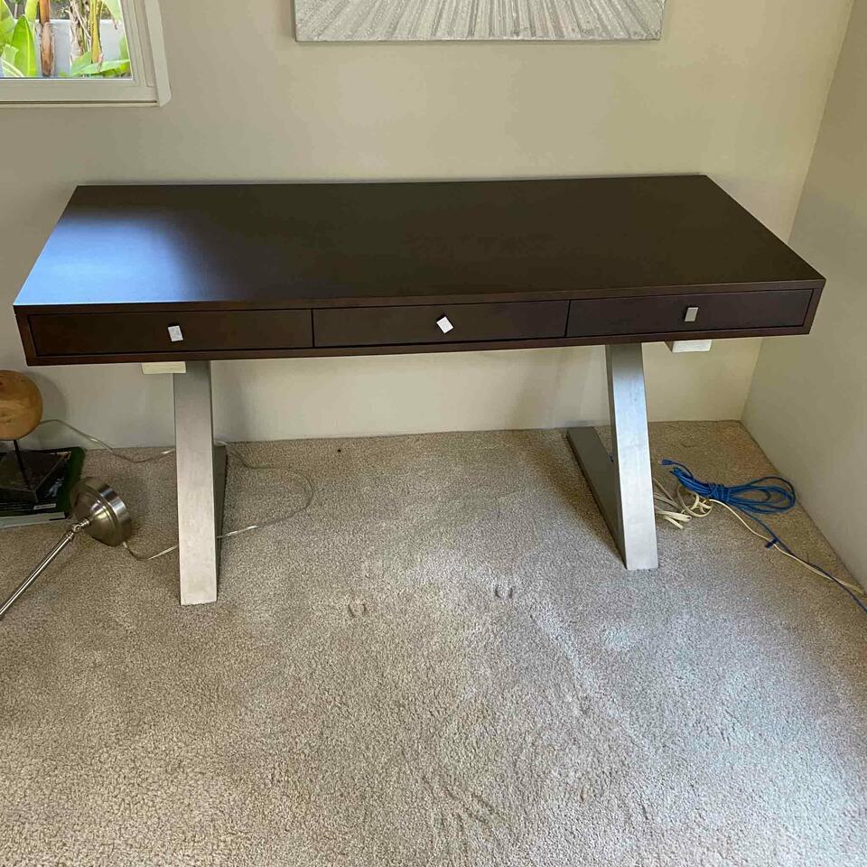 Zorro Desk: Zorro Desk Color: Dark Brown Nickname: Type: Desk Keywords: z legs, chrome, wood top NO SHIPPING AVAILABLE This will be a two (2) day sale Thursday & Friday Jan 19th & 20th. Online only.All items sold