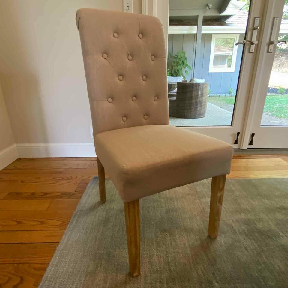 8 Beige Dining Side Chair, Zhejiang: Set of eight Beige Dining Side Chair, Zhejiang NO SHIPPING AVAILABLE This will be a two (2) day sale Thursday & Friday Jan 19th & 20th. Online only.All items sold as is where is. There are No guarante