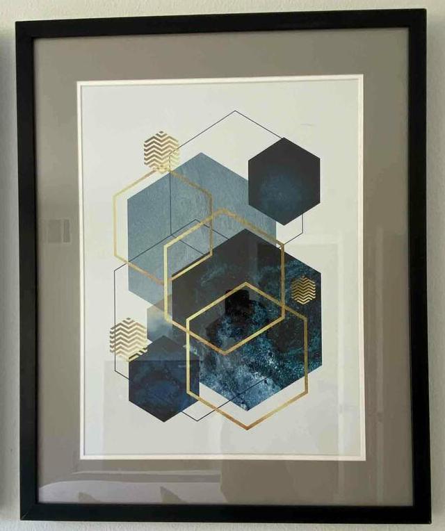 Abstract Art, Navy Gold Geo: Abstract Art, Navy Gold Geo. 24x30 NO SHIPPING AVAILABLE This will be a two (2) day sale Thursday & Friday Jan 19th & 20th. Online only.All items sold as is where is. There are No guarantees to functi