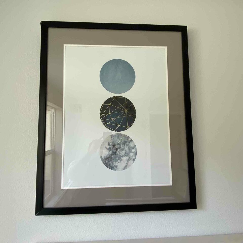 Abstract Art, Navy Gold Geo: Abstract Art, Navy Gold Geo. 24x30 NO SHIPPING AVAILABLE This will be a two (2) day sale Thursday & Friday Jan 19th & 20th. Online only.All items sold as is where is. There are No guarantees to functi