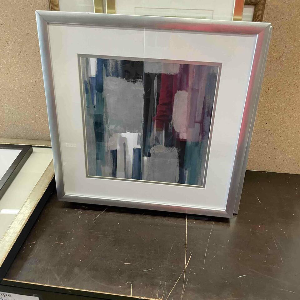 Abstract Art With Silver Frame: Abstract Art with Silver Frame 18x18 NO SHIPPING AVAILABLE This will be a two (2) day sale Thursday & Friday Jan 19th & 20th. Online only.All items sold as is where is. There are No guarantees to func