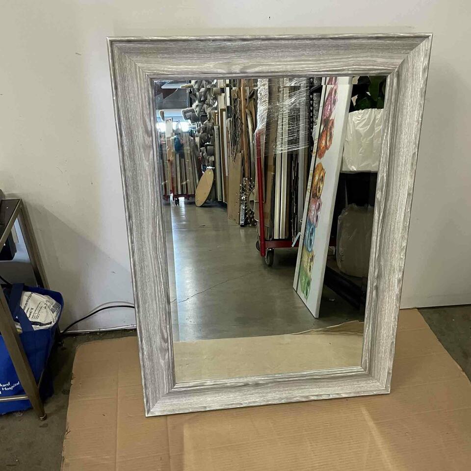 Mirror With Wooden Frame. Light Grey.: MIrror with wooden frame. Light grey. 34x43 NO SHIPPING AVAILABLE This will be a two (2) day sale Thursday & Friday Jan 19th & 20th. Online only.All items sold as is where is. There are No guarantees 