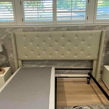 King Headboard With Covered Buttons: King Headboard With Covered Buttons This will be a two (2) day sale Wed & Thr Jan 18th & 19th. Online only. Online only.All items sold as is where is. There are No guarantees to functionality, conditi