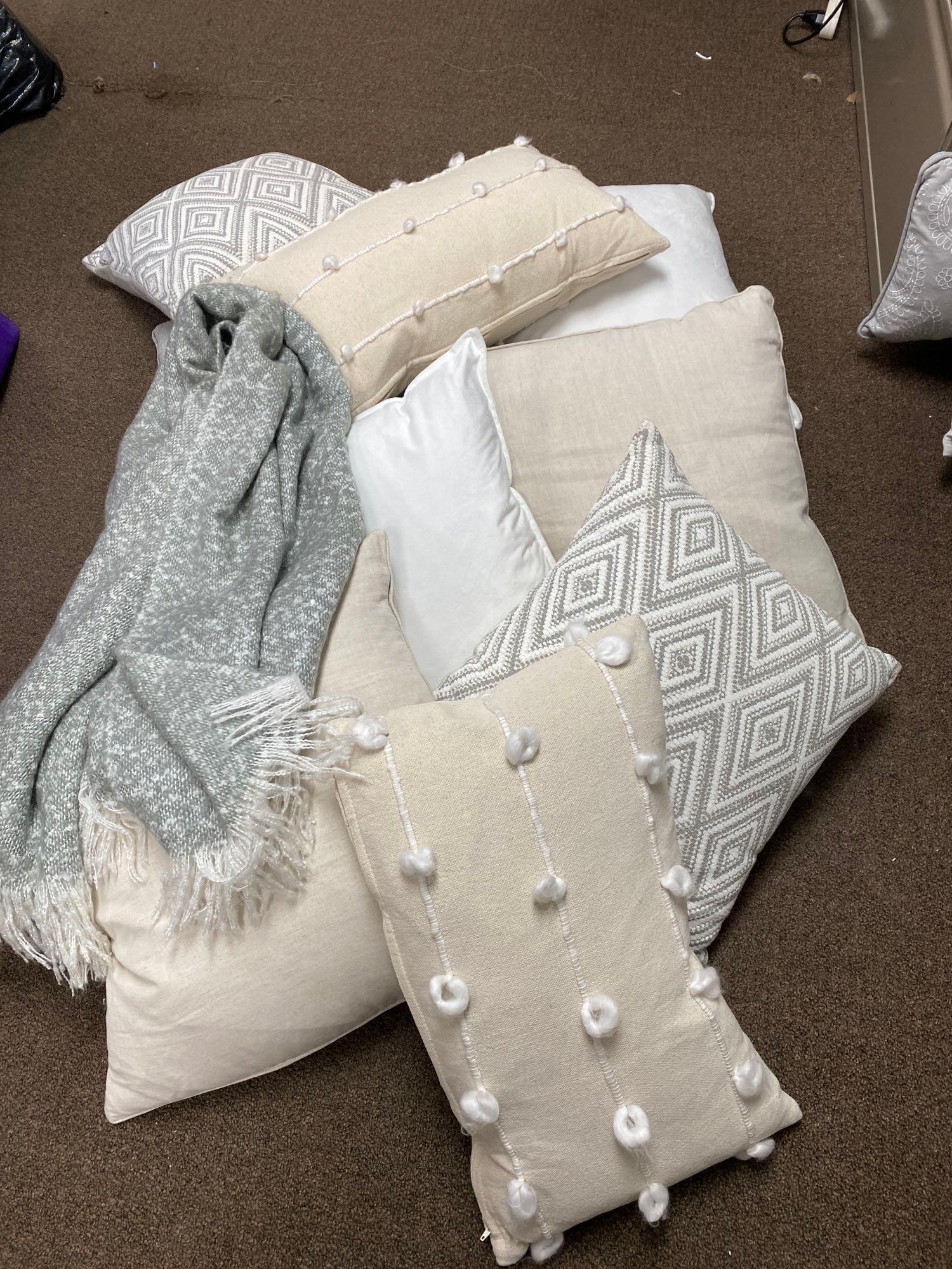9 Beige & White Throw Pillows, Including Down, And Blanket (1 of 3)