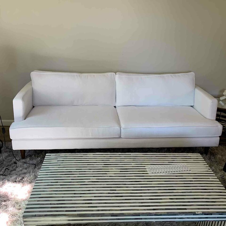 Modway White Agile Sofa: Modway White Agile Sofa. Approximately 86.5x35x34.5in. NO SHIPPING AVAILABLE This will be a two (2) day sale Wed & Thur. Jan. 18th & 19th.. Online only.All items sold as is where is. There are No guar