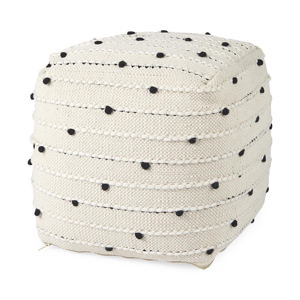White & Black Pouf: White & Black Pouf. Approximately 20x20x18 in. NO SHIPPING AVAILABLE This will be a two (2) day sale Wed & Thur. Jan. 18th & 19th.. Online only.All items sold as is where is. There are No guarantees t