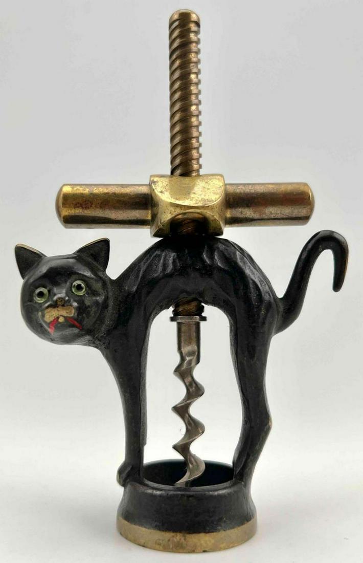 Cold Painted Vienna Bronze Black Cat With Glass Eyes Corkscrew: Cold Painted Austrian Vienna Bronze Figural Black Cat Wine Key Corkscrew With Arched Back and Glass Eyes. An Excellent Utilitarian Sculpture Viennese Miniature Figure. Approximately 5.625L x 3.5W x 1.