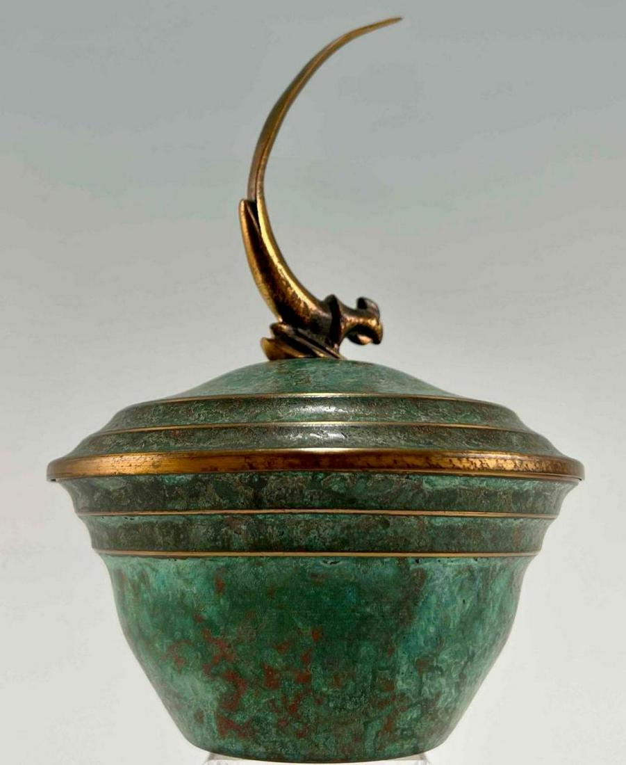 Carl Sorenson, Art Deco Lidded Bowl: Carl Sorenson, Art Deco Lidded Bowl, Verdigris Patinated Bronze with High Police Accents and Pheasant Bird Finial. Signed to Bottom. Approximately 7.75H x 5.125W in.