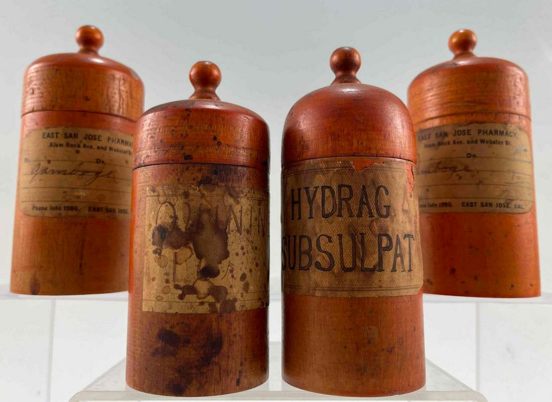 Lot of Four Turned Pharmacy Canisters, San Jose: 4 Wooden Pharmacy Canisters, Marked East San Jose Pharmacy. 2 Marked East San Jose Pharmacy, Alum Rock Ave. and Webster St., East San Jose Cal, Gamboge. 1 Marked Hydrag- Subsulpat. 1 Marked Quinine PG