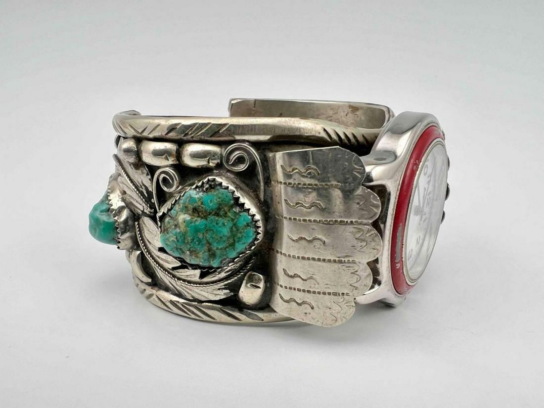 Navajo Old Pawn Nickel Silver Turquoise Watch Cuff (1 of 14)