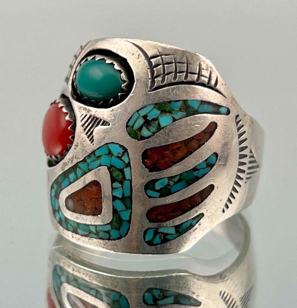 Navajo Sterling Silver Turquoise & Coral Ring With Bear Track Design (1 of 9)