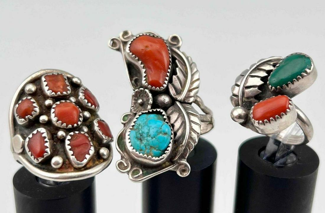 3 Vintage Native American Sterling Silver Turquoise & Coral Rings (1 of 20)