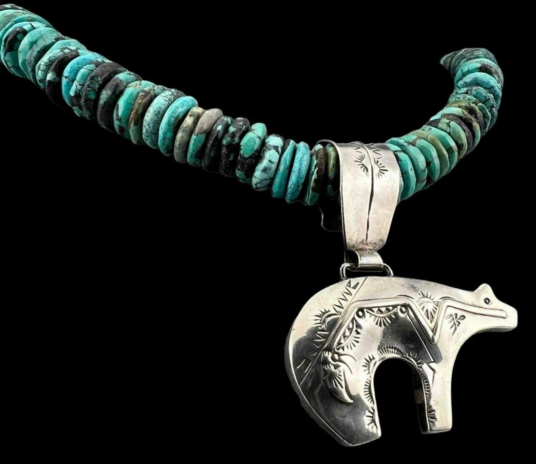 Native American Hand Stamped Sterling Silver Turquoise Bear Necklace (1 of 8)