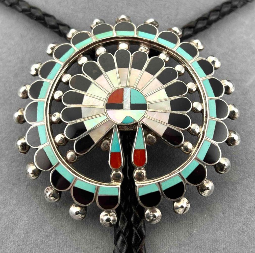 Zuni Sterling Silver Inlay Bolo Tie, Signed (1 of 14)