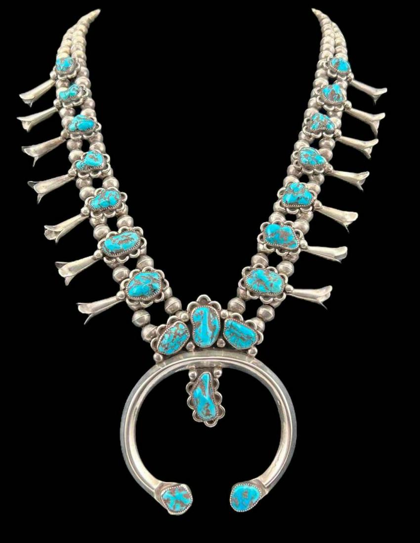 Vintage Native American Sterling Silver Turquoise Squash Blossom (1 of 14)