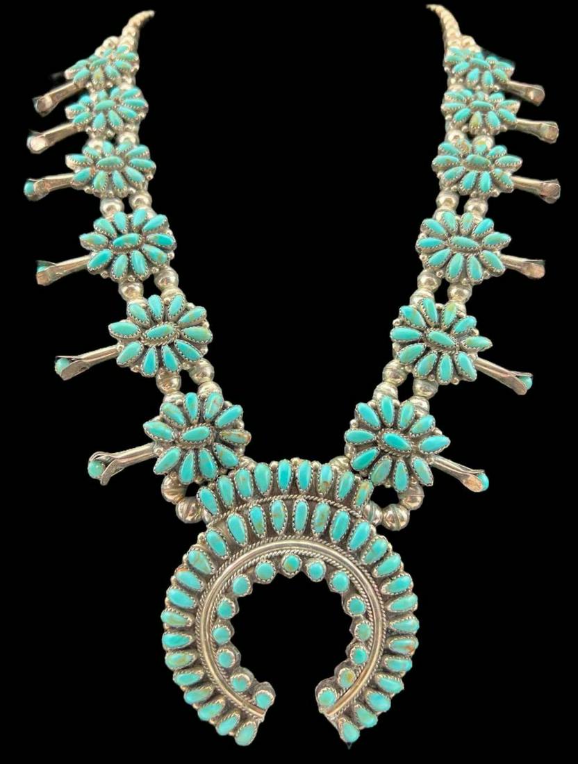 Native American Sterling Silver Turquoise Squash Blossom, Signed (1 of 15)