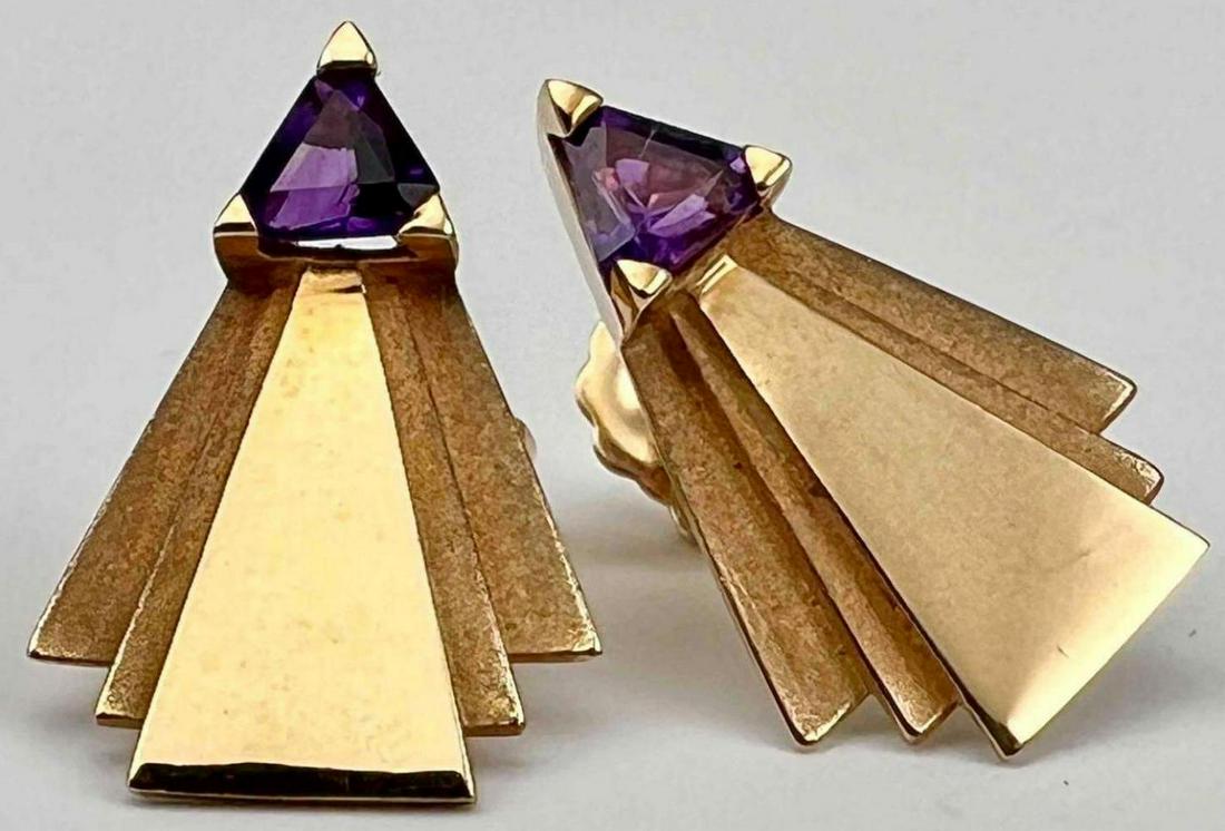 14K Amethyst Modernist Earrings: 14K Amethyst Modernist Earrings, 3.0g. Marked 14K. Approximately 0.75L x 0.5W in. ALL CREDIT CARDS WILL BE MANUALLY VERIFIED PRIOR TO SHIPMENT.