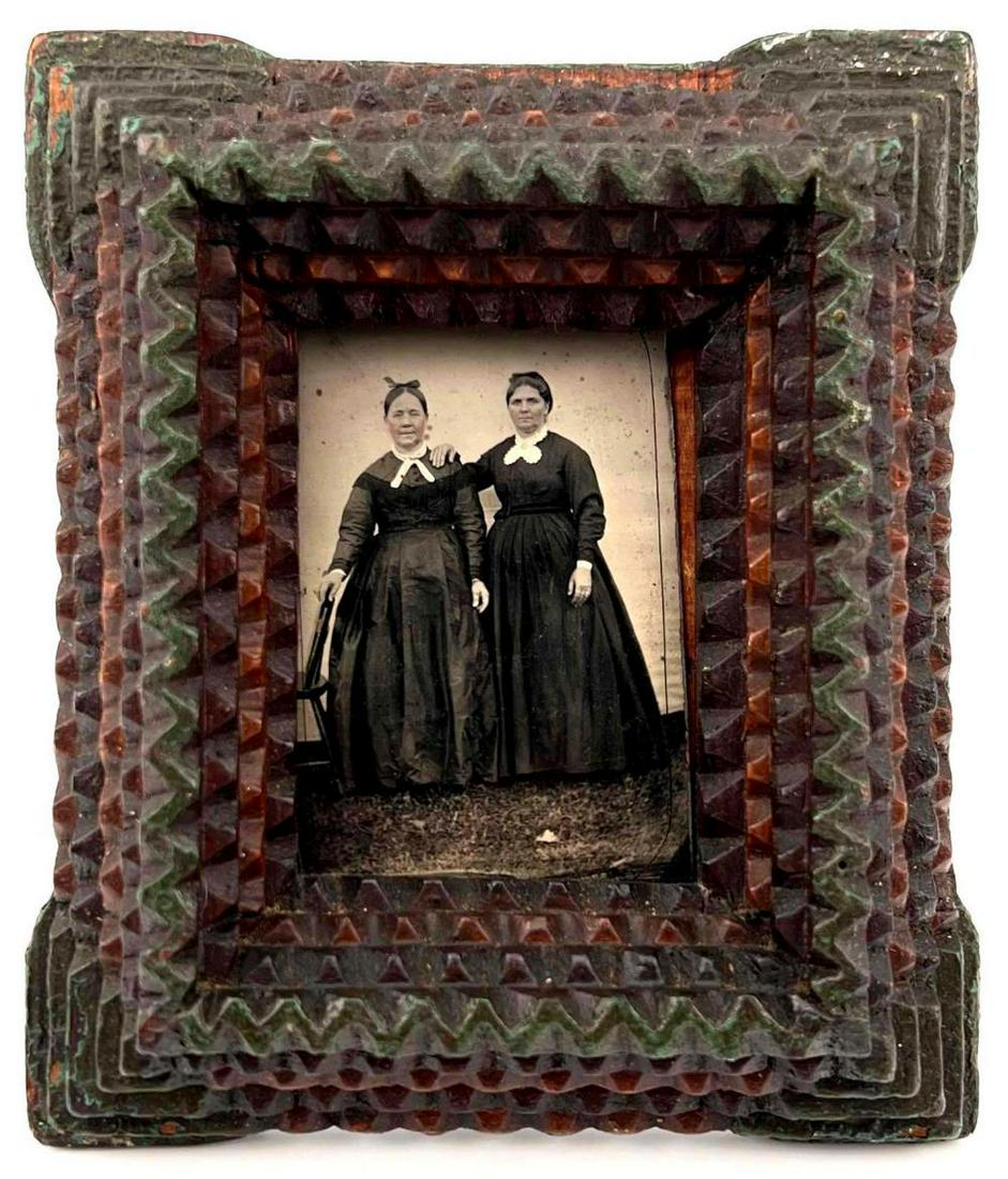 Unusual Antique Painted Tramp Art Picture Frame With Tintype Photograph (1 of 16)