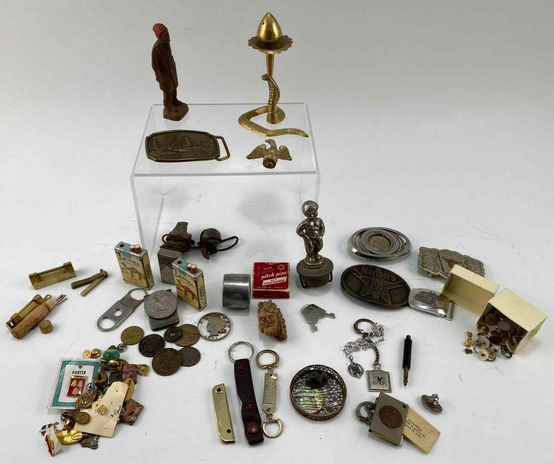 Collectibles, Including Folk Art, Tokens, Sterling Silver, Belt Buckles, Pocket Knife, Coins (1 of 17)