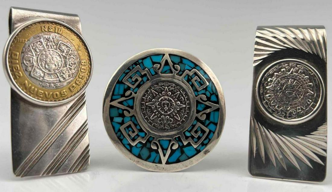 2 Vintage Mexican Sterling Silver Aztec Calendar Stone Money Clips & Pendant (1 of 17)