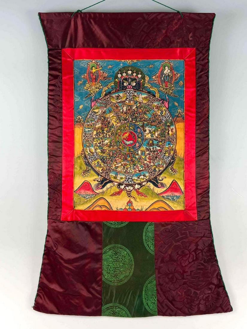 Tibetan Buddhist Thangka Painting on Fabric, Textile Frame: Tibetan Buddhist Thangka Painting on Fabric, Textile Frame. Approximately 34.75L x 23.0W in. Sight Approximately 17.5L x 13.0W in.