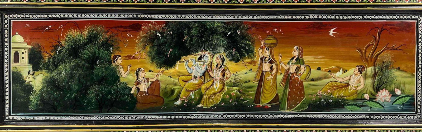 Mughal School Indo Persian Oil on Board: Indian Oil Painting On Board. Approximately 29.625L x 9.75W x 0.75D in. Sight Approximately 25.5L x 5.75W in.