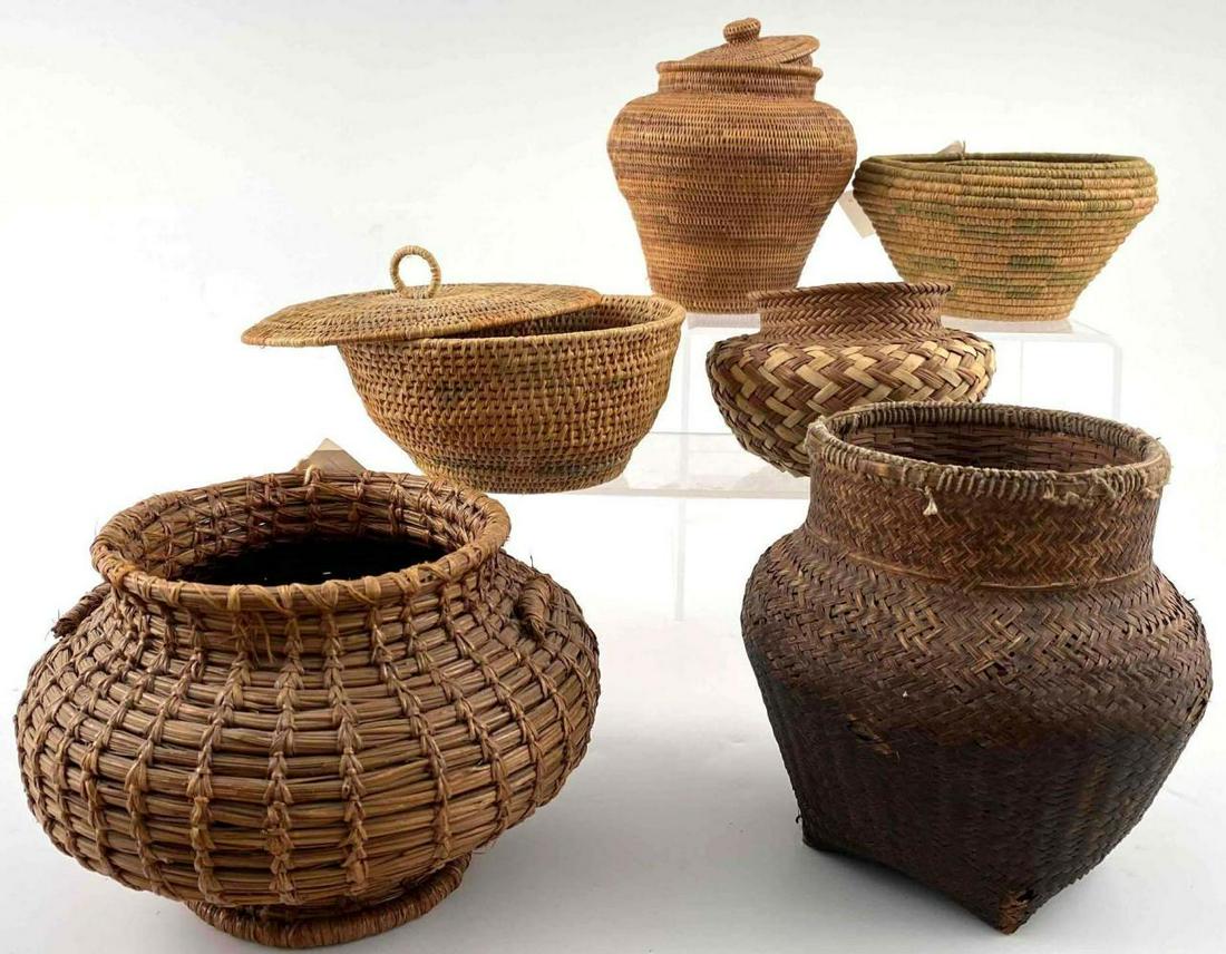 Lot Of Tribal Baskets, Some With Lids: Lot Of Tribal Baskets, Some With Lids. Largest Approximately 4.5H x 6.75W in. Smallest Approximately 2.75W x 1.625H in.